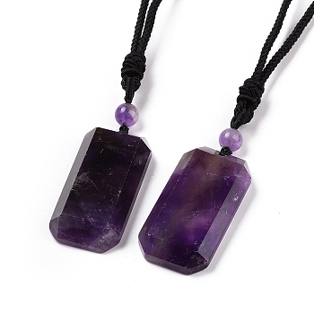 Adjustable Natural Amethyst Rectangle Pendant Necklace with Nylon Cord for Women, 35.43 inch(90cm)