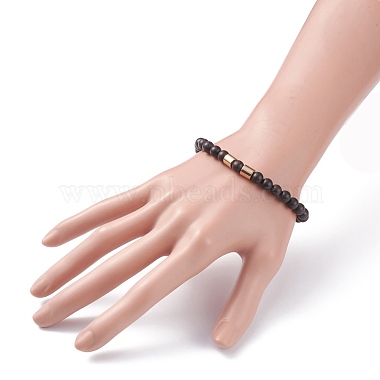 Bracelet extensible en perles rondes en bois naturel avec hématite synthétique pour hommes femmes(BJEW-JB07549)-4