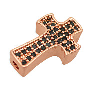 Brass Micro Pave Cubic Zirconia Beads, Cross, Rose Gold, 14x9x4mm, Hole: 1.2mm, 3pcs/bag(KK-T030-LA840-7X3)