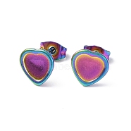 Ion Plating(IP) 304 Stainless Steel Stud Earring Finding, Earring Settings, Heart, Rainbow Color, Tray: 7x7mm, 9x9mm, Pin: 0.8mm(EJEW-I285-24MC)