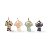4Pcs 4 Styles Natural Mixed Stone Copper Wire Wrapped Pendants, Mushroom with Vortex Charm, Natural Green Aventurine & Cherry Blossom Agate & Dalmatian Jasper & Sodalite, Light Gold, 29x16.5mm, Hole: 3~4mm, 1pc/style(PALLOY-TA00006)