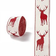 Christmas Theme Polyester Imitation Linen Wrapping Ribbon, for Crafts Decoration, Floral Bows Craft, Red, Deer Pattern, 2-1/2 inch(62mm), about 6.56 Yards(6m)/Roll(SRIB-P020-01A)