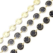 Brass & Enamel Link Chain, with Spool, Long-Lasting Plated, Flat Round with Smiling Face, Unwelded, Black, 8x1mm, about 10.93 yards(10m)/roll(CHC-D029-16G-09)