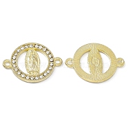 Religion Alloy Connector Charms, with Crystal Rhinestone, Flat Round Links with Virgin Pattern, Golden, 18x24x2mm, Hole: 1.8mm(FIND-A024-01G)