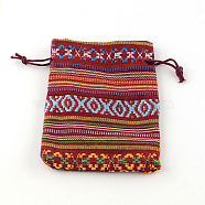 Ethnic Style Cloth Packing Pouches Drawstring Bags, Rectangle, FireBrick, 14x10cm(ABAG-R006-10x14-01G)