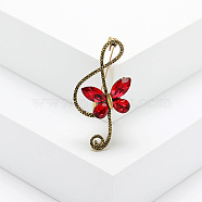 Alloy Rhinestone Safety Pin Brooch, Musical Note with Butterfly, Ruby, 44x23mm(PW23101832418)