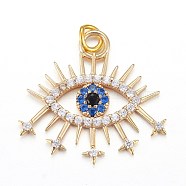 Brass Micro Pave Cubic Zirconia Pendants, with Jump Rings, Eye, Blue, Real 18K Gold Plated, 19.7x21.1x2mm, Jump Ring: 4.4x0.6mm, Hole: 3.2mm(KK-I674-24G)