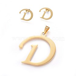304 Stainless Steel Pendants and Stud Earrings Jewelry Sets, Alphabet, Letter.D, 47x46x1.7mm, Hole: 9x4.5mm, 16x18x1.5mm, Pin: 0.8mm(SJEW-P100-04G)