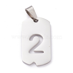 304 Stainless Steel Pendants, Rectangle with Number, Stainless Steel Color, Num.2, 27.5x14.5x1.5mm, Hole: 7.5x3mm(STAS-H144-02P-2)