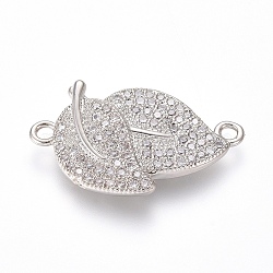 Brass Micro Pave Cubic Zirconia Links connectors, Leaf, Clear, Platinum, 13.5x23.5x3.5mm, Hole: 1.5mm(ZIRC-I032-41P)