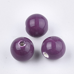 Handmade Porcelain Beads, Bright Glazed Porcelain, Round, Purple, 14~14.5x13.5~14mm, Hole: 2.5~3mm(PORC-S499-02M)
