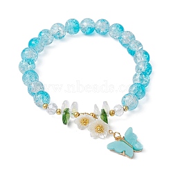 Glass Round Beaded Stretch Bracelet, Alloy Acrylic Butterfly & Glass Flower Charms Bracelet, Light Sky Blue, Inner Diameter: 2-1/8 inch(5.4cm)(BJEW-JB09811-01)
