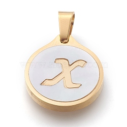 304 Stainless Steel Pendants, with Shell, Flat Round with Alphabet, Golden, Letter.X, 20.5x18x2.5mm, Hole: 7x4mm(STAS-O138-21p-X)