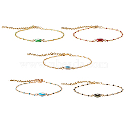 5Pcs 5 Colors 304 Stainless Steel/Brass Enamel Evil Eye Link Bracelets, with Brass Spring Ring Clasps and Velvet Bag, Golden, Mixed Color, 7-1/2 inch(19cm), 1pcs/color(sgBJEW-SZ0001-015G)