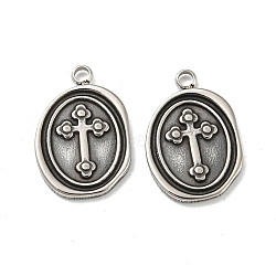 304 Stainless Steel Pendants, Oval with Cross Charms, Antique Silver, 18.5x12.5x1.5mm, Hole: 1.8mm(STAS-L022-042AS)