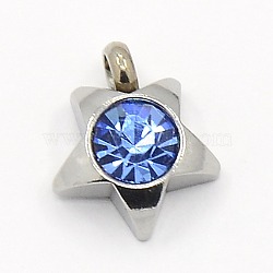 201 Stainless Steel Rhinestone Star Charm Pendants, Grade A, Faceted, Light Sapphire, 9x8x3mm, Hole: 1mm(RB-M030-01G)