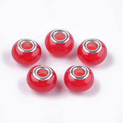 Resin European Beads, Imitation Jelly, Large Hole Beads, with Brass Cores, Rondelle, Silver Color Plated, Red, 14x9mm, Hole: 5mm(RPDL-Q022-01)