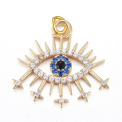 Brass Micro Pave Cubic Zirconia Pendants, with Jump Rings, Eye, Blue, Real 18K Gold Plated, 19.7x21.1x2mm, Jump Ring: 4.4x0.6mm, Hole: 3.2mm(KK-I674-24G)