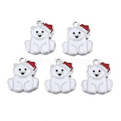 Bear Alloy Enamel Pendants, Christmas Theme, Platinum, Creamy White, 24.5x21x2mm, Hole: 2mm(X-ENAM-R041-33)