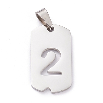 304 Stainless Steel Pendants, Rectangle with Number, Stainless Steel Color, Num.2, 27.5x14.5x1.5mm, Hole: 7.5x3mm