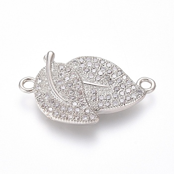 Brass Micro Pave Cubic Zirconia Links connectors, Leaf, Clear, Platinum, 13.5x23.5x3.5mm, Hole: 1.5mm