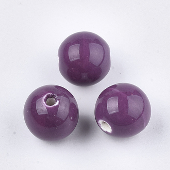 Handmade Porcelain Beads, Bright Glazed Porcelain, Round, Purple, 14~14.5x13.5~14mm, Hole: 2.5~3mm