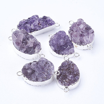 Natural Druzy Quartz Crystal Links connectors, with Brass Findings, teardrop, Silver Color Plated, 36~40x19~23x8~18mm, Hole: 3mm