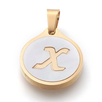 304 Stainless Steel Pendants, with Shell, Flat Round with Alphabet, Golden, Letter.X, 20.5x18x2.5mm, Hole: 7x4mm