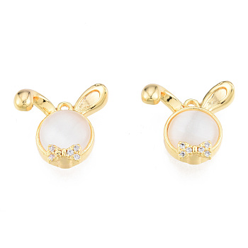 Brass Micro Pave Clear Cubic Zirconia Charms, with Glass, Nickel Free, Rabbit, Real 18K Gold Plated, 15x15x5mm, Hole: 0.9mm