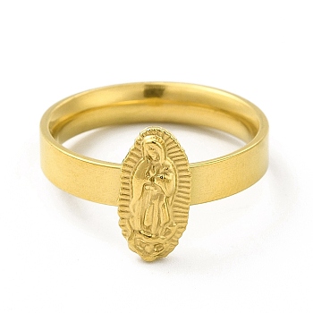 Vacuum Plating 304 Stainless Steel Oval with Virgin Mary Finger Ring for Women, Golden, US Size 8 1/2(18.5mm)