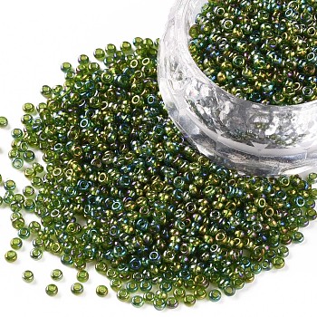 12/0 Grade A Round Glass Seed Beads, Transparent Colours Rainbow, Yellow Green, 12/0, 2x1.5mm, Hole: 0.9mm, about 3333pcs/50g