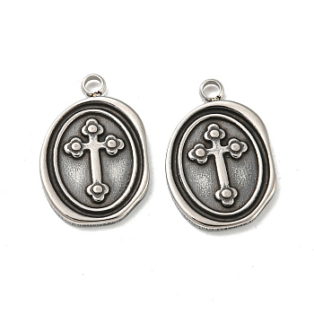 304 Stainless Steel Pendants, Oval with Cross Charms, Antique Silver, 18.5x12.5x1.5mm, Hole: 1.8mm