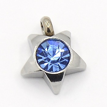201 Stainless Steel Rhinestone Star Charm Pendants, Grade A, Faceted, Light Sapphire, 9x8x3mm, Hole: 1mm