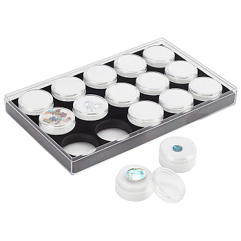 15Pcs Round Acrylic Loose Diamond Storage Box Sets, Small Gems Showing Case with White Velvet Inside and Screw Lid, Clear, 18x11x2.5cm, Box: 31x16mm, 15pcs/set