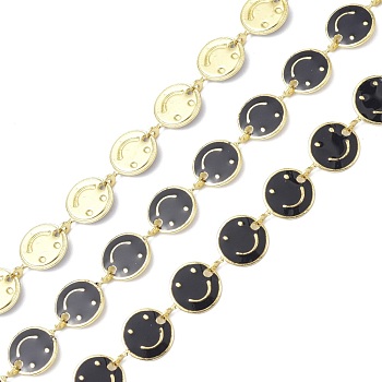Brass & Enamel Link Chain, with Spool, Long-Lasting Plated, Flat Round with Smiling Face, Unwelded, Black, 8x1mm, about 10.93 yards(10m)/roll