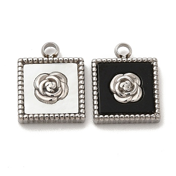 304 Stainless Steel Charms, with Shell & Acrylic, Square with Rose, Stainless Steel Color, 13.5x10.5x3mm, Hole: 1.8mm