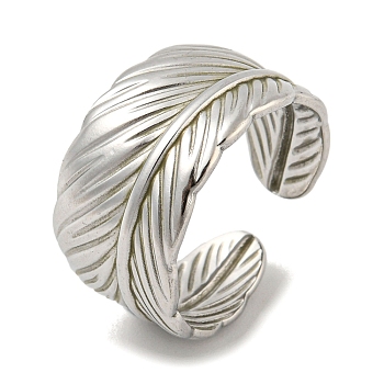 304 Stainless Steel Open Cuff Ring, Feather, Stainless Steel Color, Inner Diameter: 17.8mm