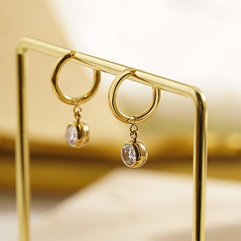 Cubic Zirconia Flat Round Dangle Earrings, 304 Stainless Steel Earrings, Golden, 25mm