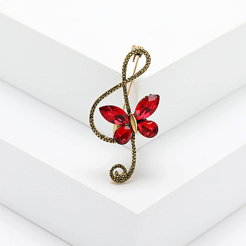 Alloy Rhinestone Safety Pin Brooch, Musical Note with Butterfly, Ruby, 44x23mm