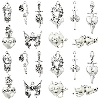 50Pcs 10 Styles Gothic Tibetan Style Alloy Pendants, Antique Silver, Heart & Wing & Butterfly & Rose, Antique Silver, 24~49.5x14~32x4~7mm, Hole: 3mm, 5pcs/style