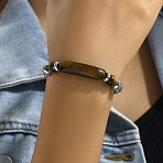 Natural Tiger Eye Beads Link Bracelets, Stainless Steel Wheat chain Bracelets for Men Women, Round & Rectangle, Inner Diameter: 8-5/8 inch(22cm)(YW5979-2)