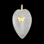 Natural Quartz Crystal Pendants, Heart Charms with 304 Stainless Steel Butterfly and Brass Micro Pave Clear Cubic Zirconia Clasps, Golden, 38x25x10mm, Hole: 6.5x7mm(G-G470-02G-01)