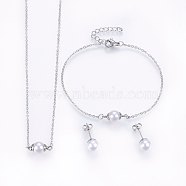 304 Stainless Steel Jewelry Sets, Pendant Necklaces & Stud Earrings & Bracelets, with Acrylic Beads, Stainless Steel Color, 16.54 inch(42cm), 7-1/8 inch(18cm), 20x8mm, Pin: 0.8mm(SJEW-H138-27P)