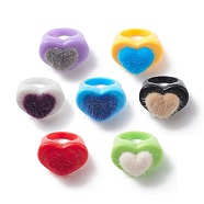 Faux Mink Cobered Heart Finger Ring, Acrylic Wide Ring for Women Girl, Mixed Color, US Size 7 1/4(17.5mm)(RJEW-JR00538-05)