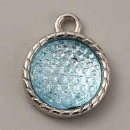 Plastic Pendants, December Birthstone Charms, with Alloy Cabochon Settings, Flat Round, Sky Blue, 18.5x15x5mm, Hole: 2.5mm(FIND-TAC0014-75E)