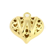 Hollow Brass Pendants for Valentine's Day, Heart with Letter, Real 18K Gold Plated, Letter W, 25x26x13mm, Hole: 2.5mm(KK-M289-03W-G)