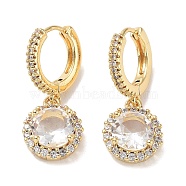 Real 18K Gold Plated Brass Dangle Hoop Earrings, with Cubic Zirconia and Glass, Flat Round, Clear, 29x12mm(EJEW-L269-041G-02)