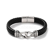 Men's Braided Black PU Leather Cord Bracelets, Lock 304 Stainless Steel Link Bracelets with Magnetic Clasps, Antique Silver, 8-3/4 inch(22.2cm)(BJEW-K243-38AS)