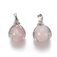 Gemstone Pendants, with Brass Findings and Natural Rose Quartz, Round, Platinum, Pink, 27x18mm, Hole: 4x6mm(X-G-G074-08)