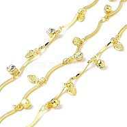 Handmade Eco-friendly Brass Curved Bar Link Chain, with Drop and Glass Charms, Long-Lasting Plated, Golden, Soldered, with Spool, Golden, 15.5x1.5x1mm(CHC-E023-29G)